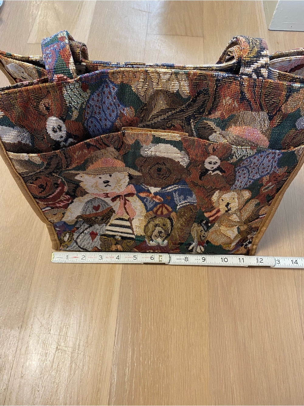 Vintage 90s Tapestry Teddy Bear Tote Bag Grandmacore Cottage Woven Purse - Picture 15 of 16